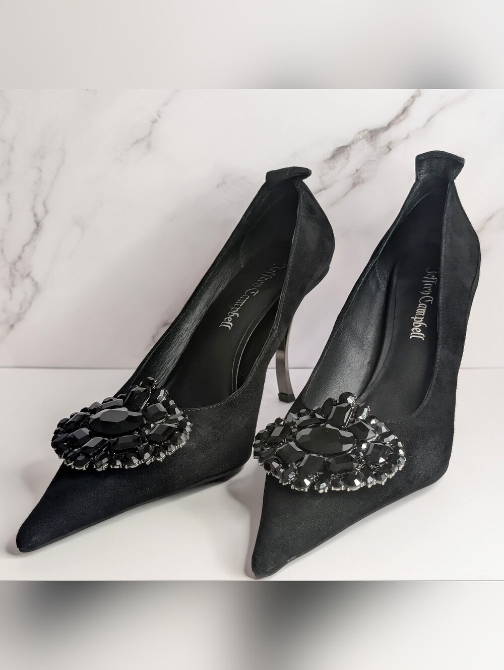 Jeffrey Campbell Parliament Black Suede Crystal Pointed Toe Pumps 8 - Picture 5 of 14
